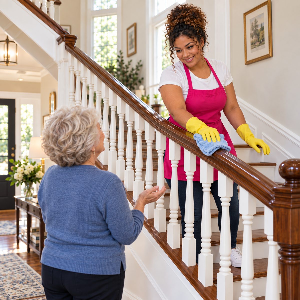Tina's cleaner wiping a stair banister while the homeowner looks on