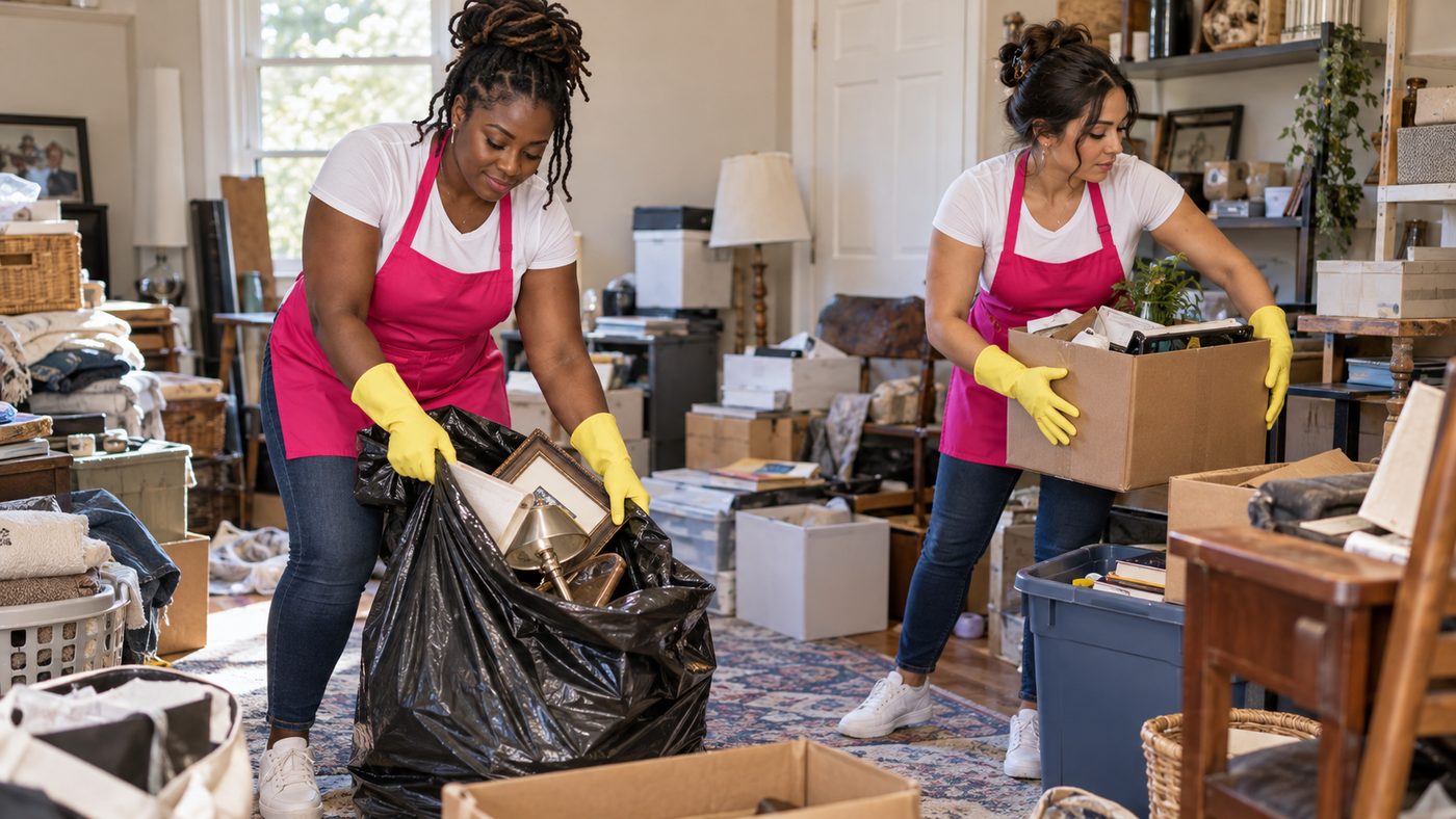 Two Tina's cleaners bagging junk and clearing boxes from a cluttered room