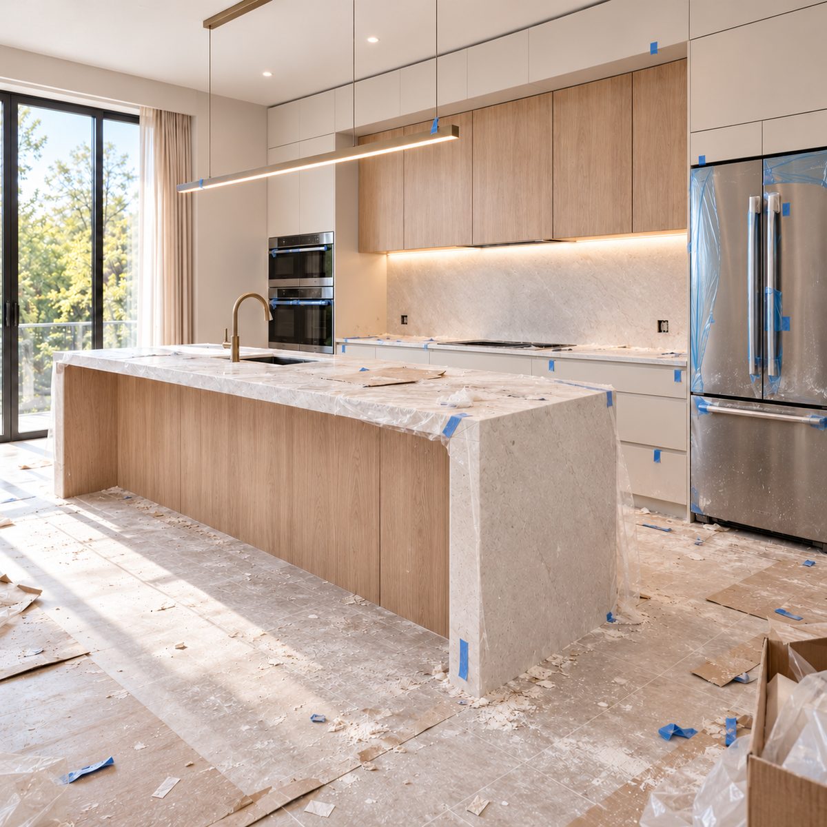 Renovated kitchen still covered in construction dust and debris before the cleanup
