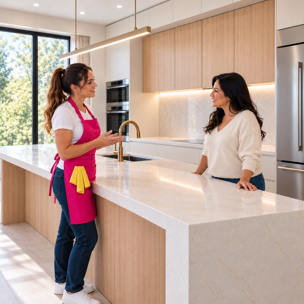 Tina's cleaner talking with a homeowner at a newly renovated kitchen island