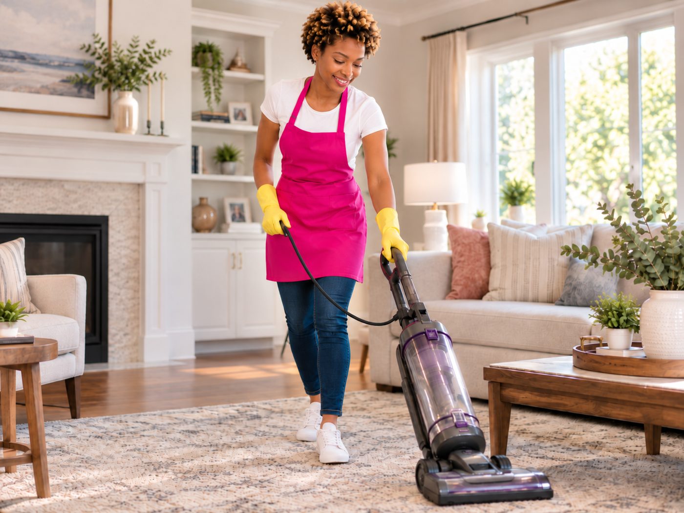 Tina's cleaner vacuuming a living room rug on a recurring visit