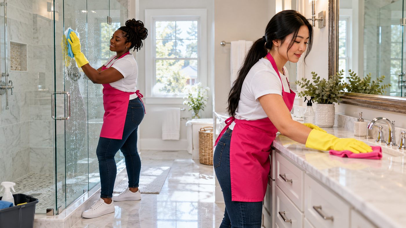 Two Tina's cleaners deep cleaning a bathroom shower and vanity