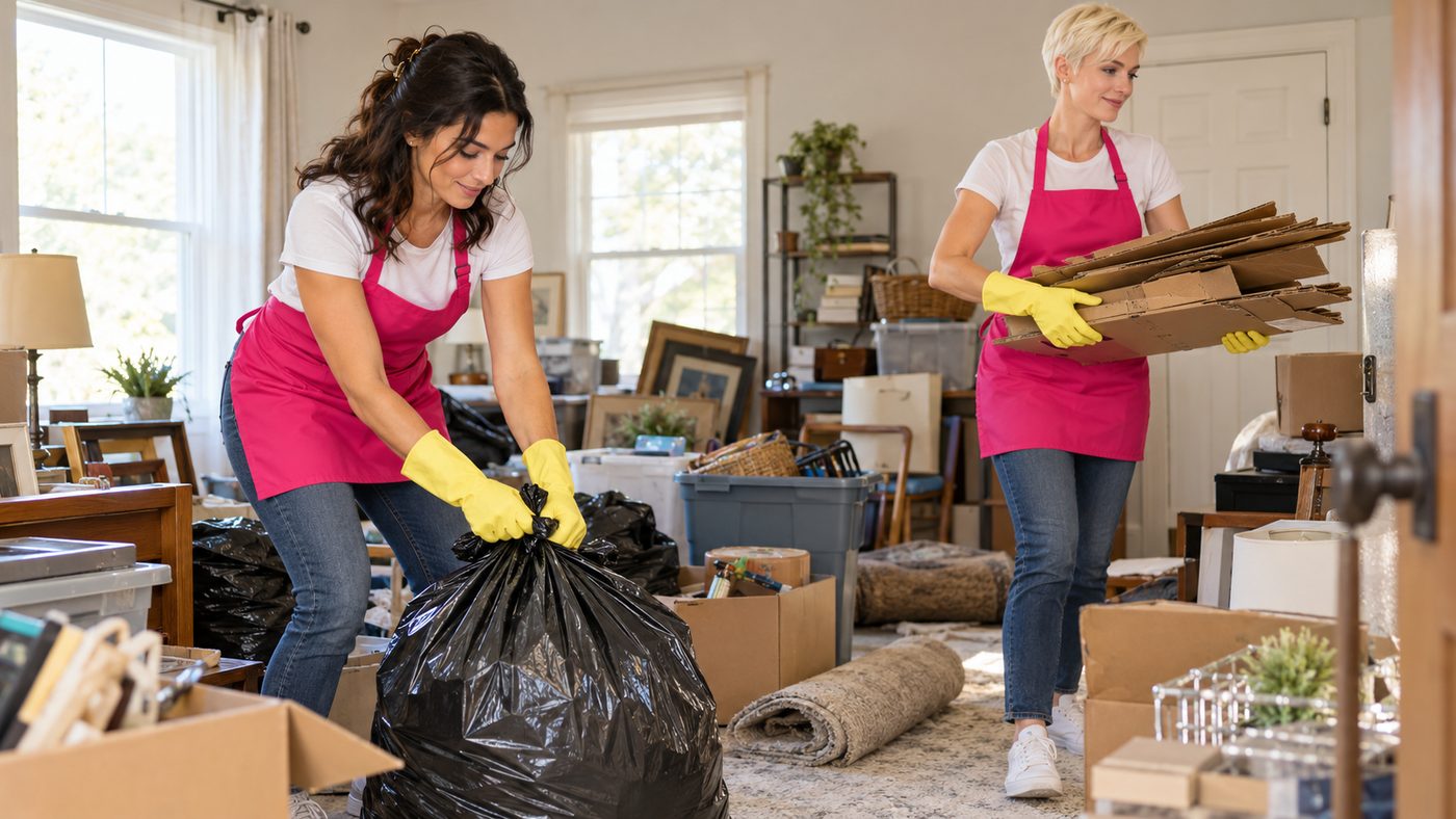 Two Tina's team members bagging trash and carrying boxes out of a cluttered room
