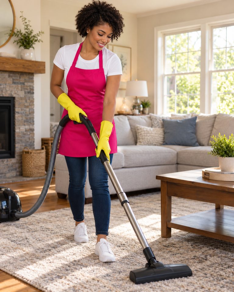 Tina's cleaner vacuuming the cleared living room