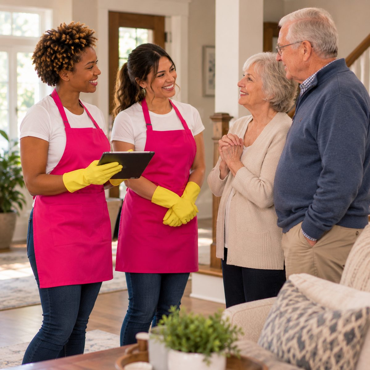 Two Tina's team members talking with an older couple in their living room