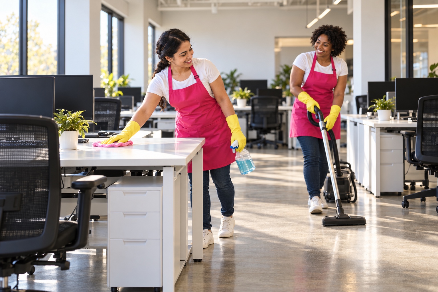 Two cleaning professionals wiping desks and vacuuming an open-plan office