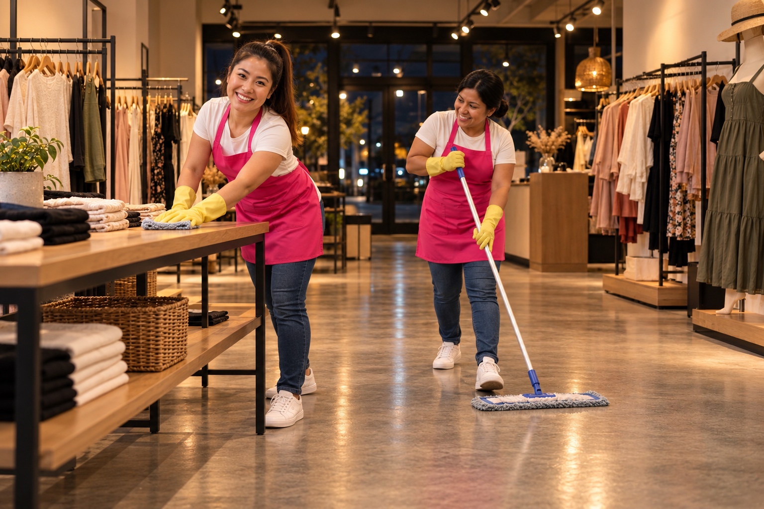 Two cleaning professionals wiping a display table and mopping a boutique floor
