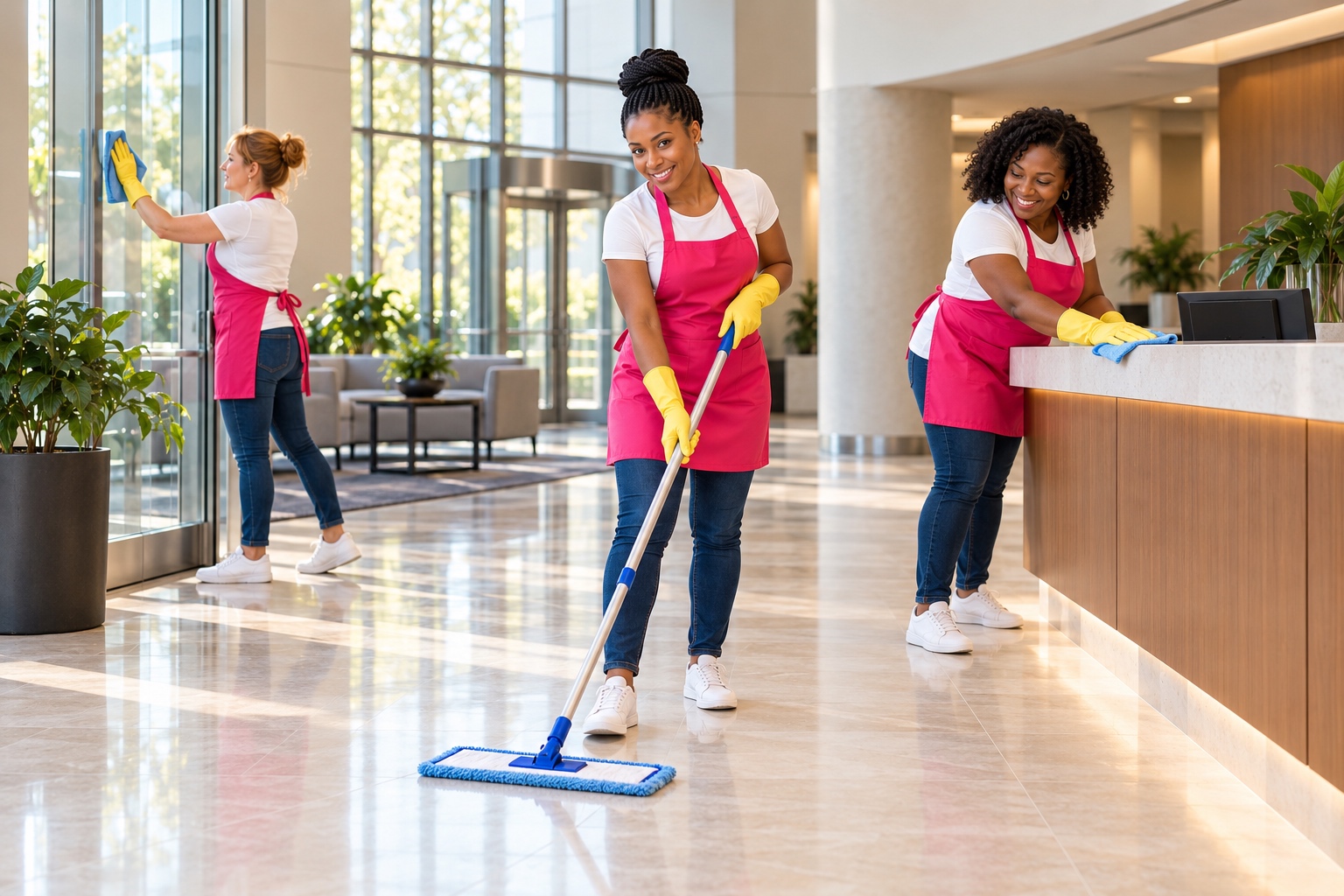 Three cleaning professionals mopping, wiping glass and wiping the front desk of a bright office lobby