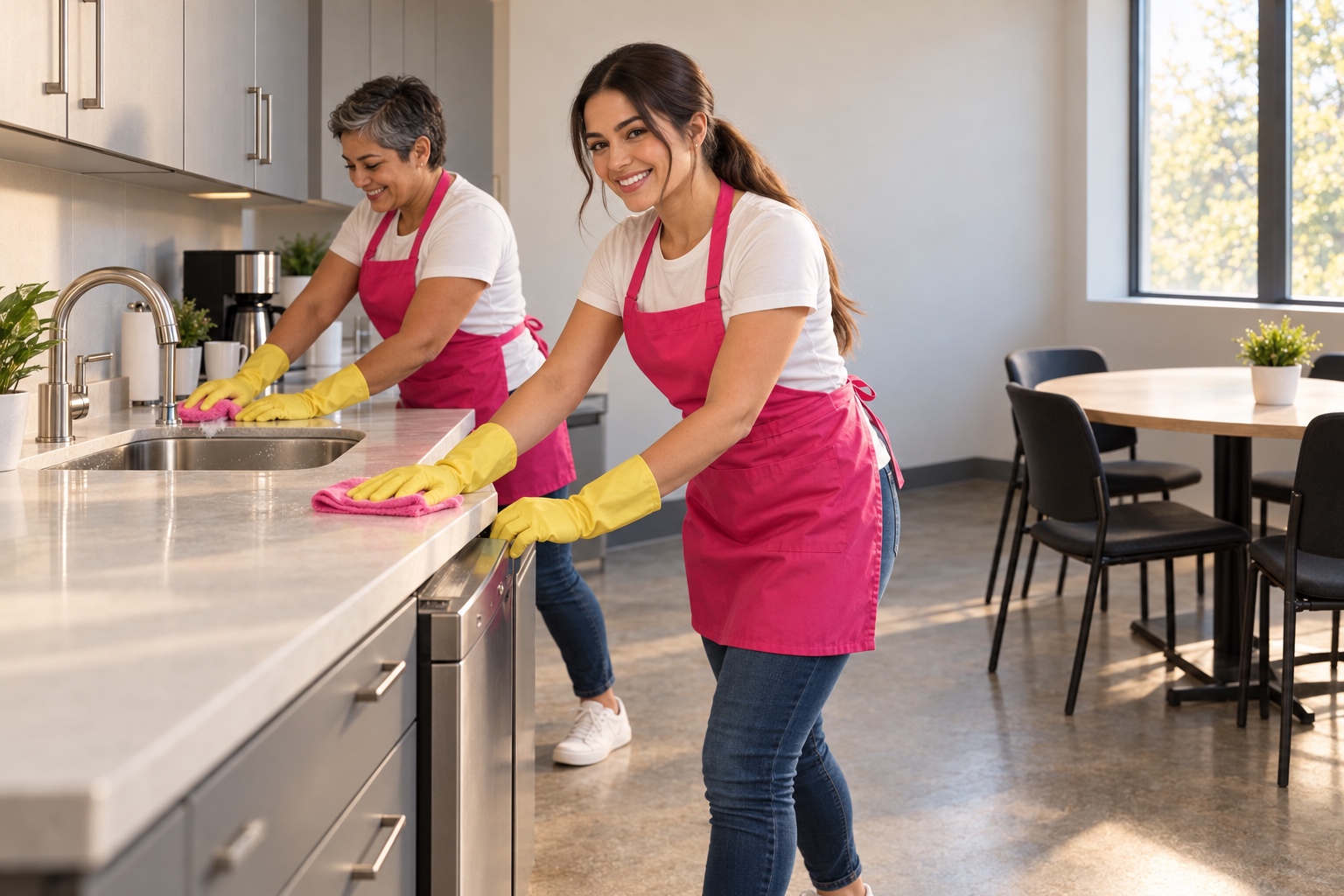 Two cleaning professionals wiping the counters of an office kitchen