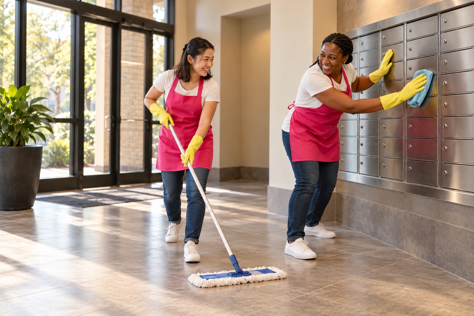 Two cleaning professionals mopping a lobby floor and wiping the mailboxes