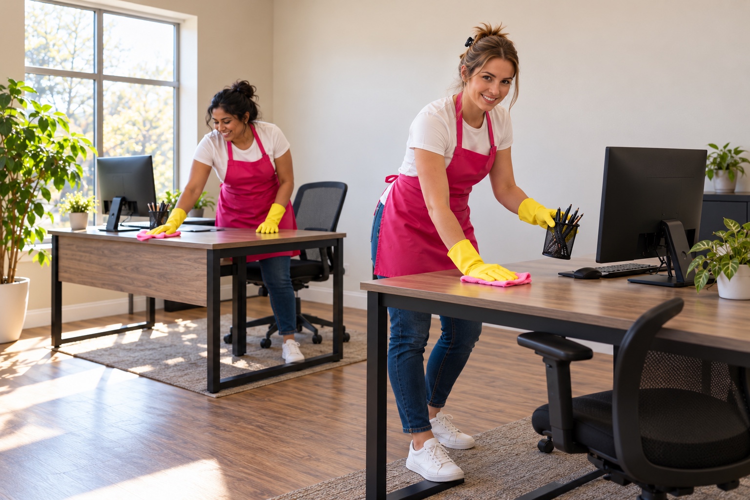 Two cleaning professionals wiping the counters of an office kitchen