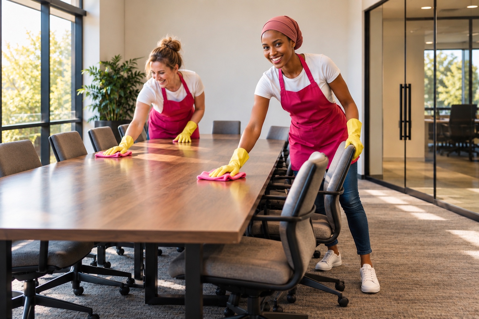 Three cleaning professionals mopping, wiping glass and wiping the front desk of a bright office lobby