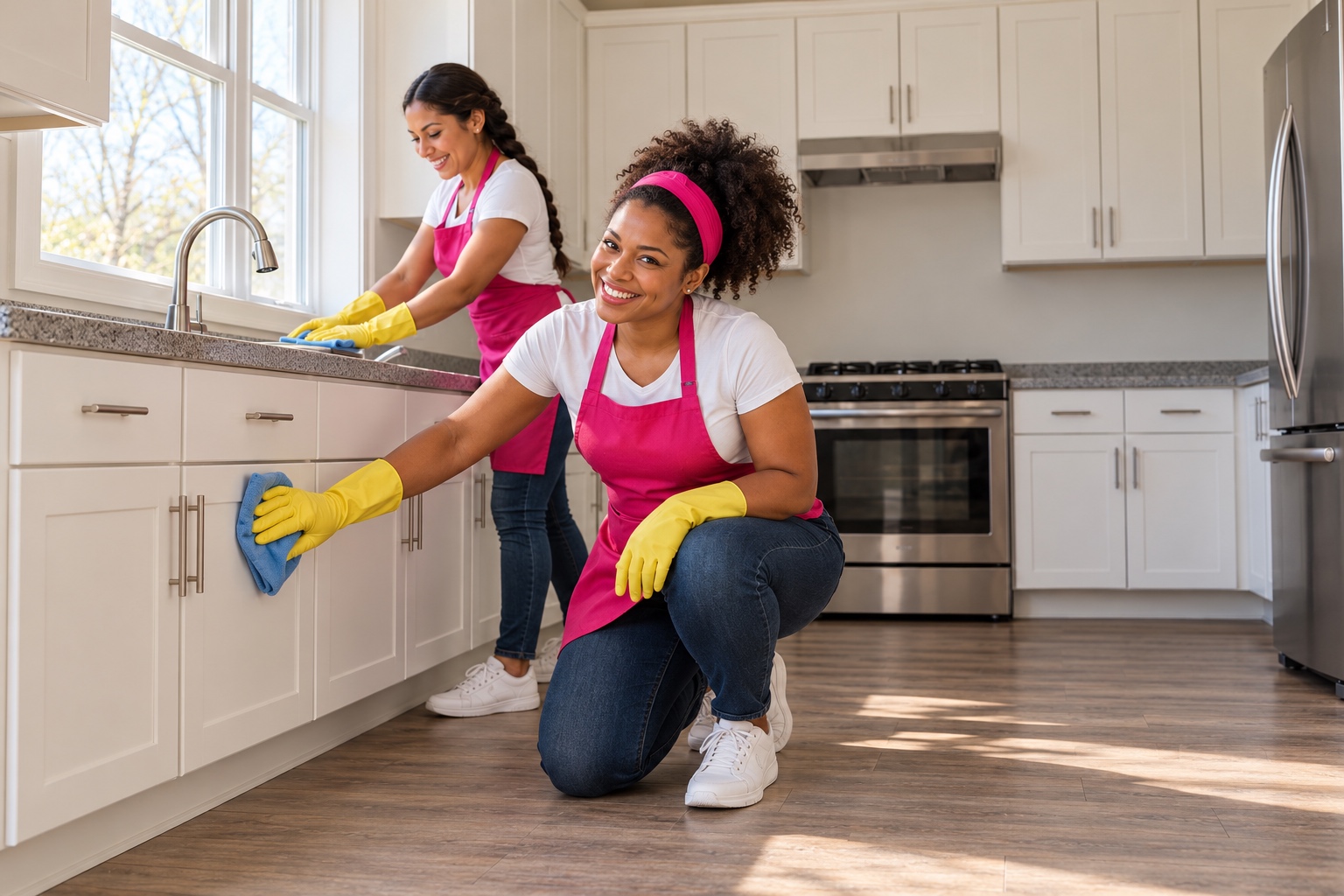 Two cleaning professionals wiping the cabinets of an empty apartment kitchen between tenants