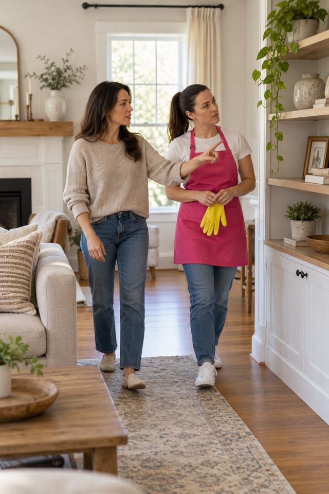 Homeowner walking through the finished living room with her cleaning professional