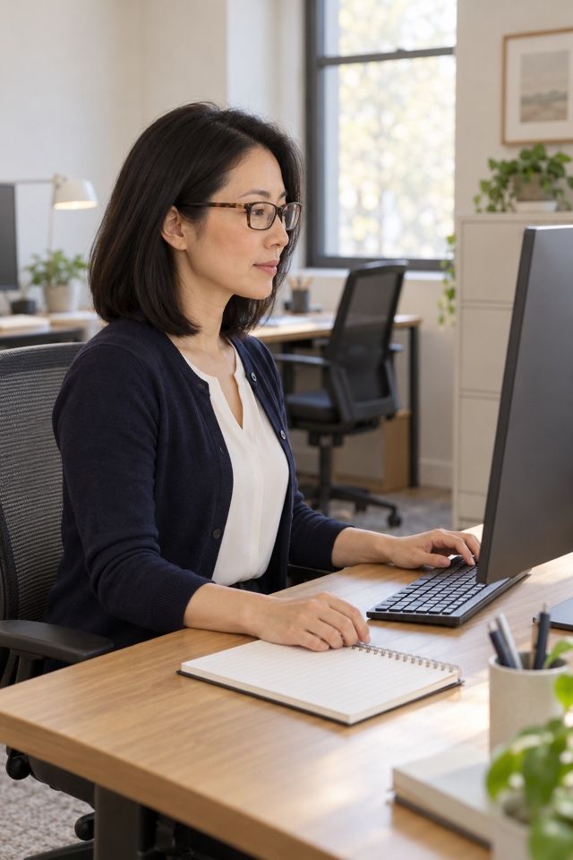 Office staff reviewing a booking request at a desk