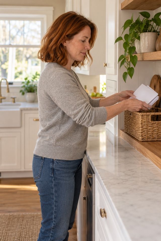 A homeowner clearing mail off her kitchen counter before a cleaning