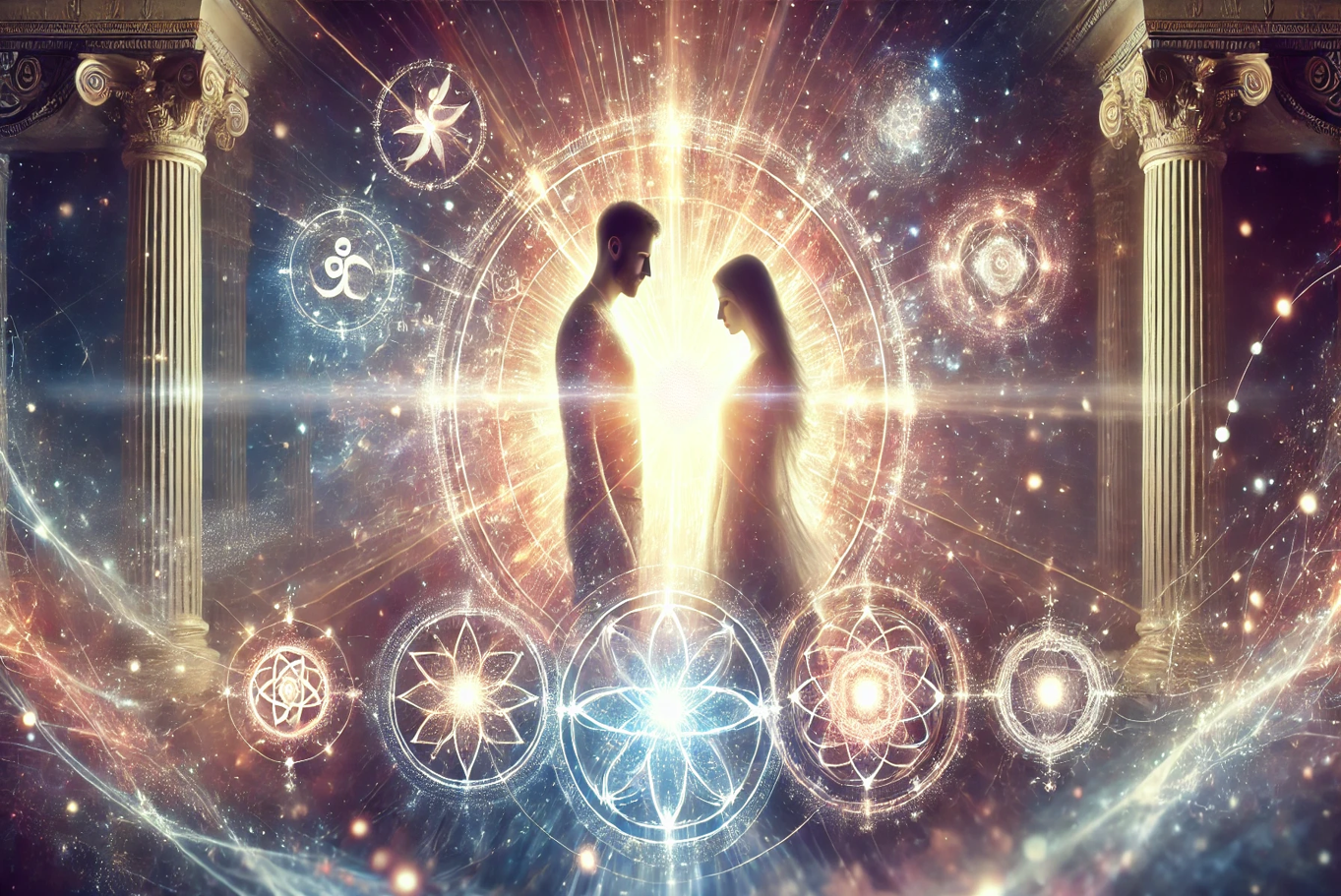 "Partners embracing spiritual intimacy through Breathwork, connecting on a soul level for mutual growth and the highest evolution of their relationship."