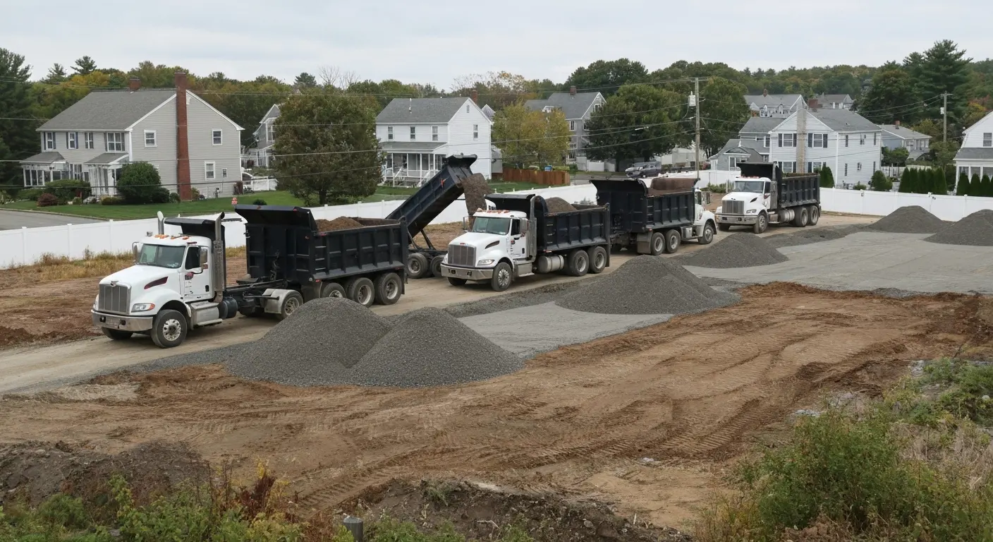 Trucks loaded with fill material on site