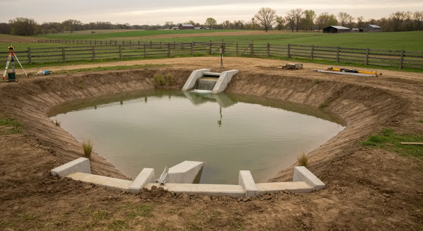 Finished pond with spillway on rural property