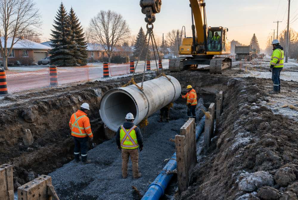 A crew working in a sewer and watermain trench