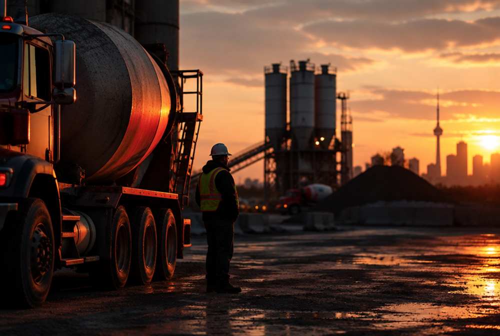 A ready-mix truck at dawn