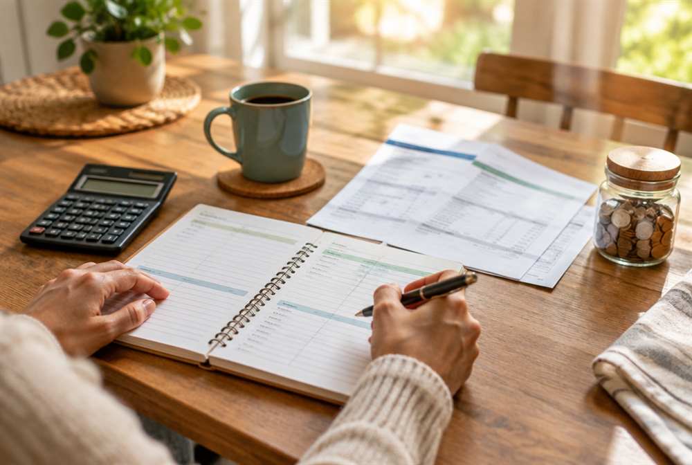 A kitchen table with bills and a budget notebook