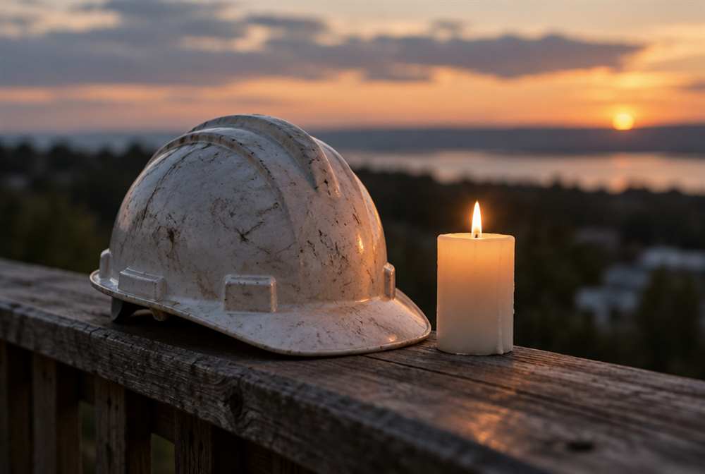 A hard hat beside a lit candle