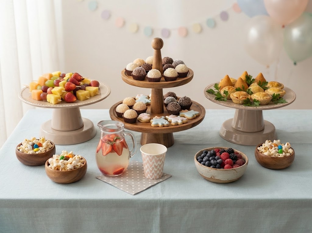 Crianças em festa comemorando com bolo e doces, tema alimentação equilibrada no Dia das Crianças