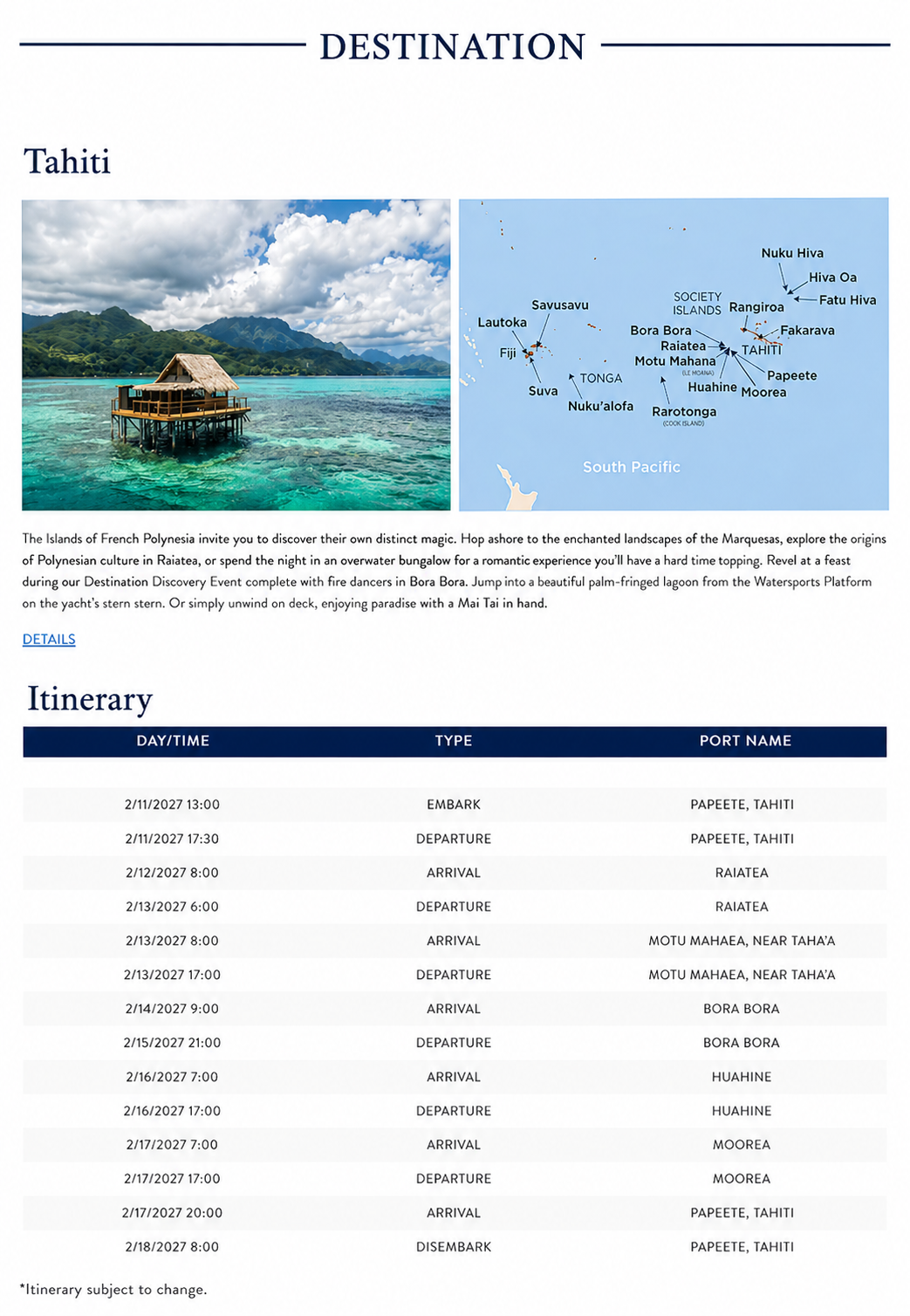 Tahiti itinerary map and sailing route