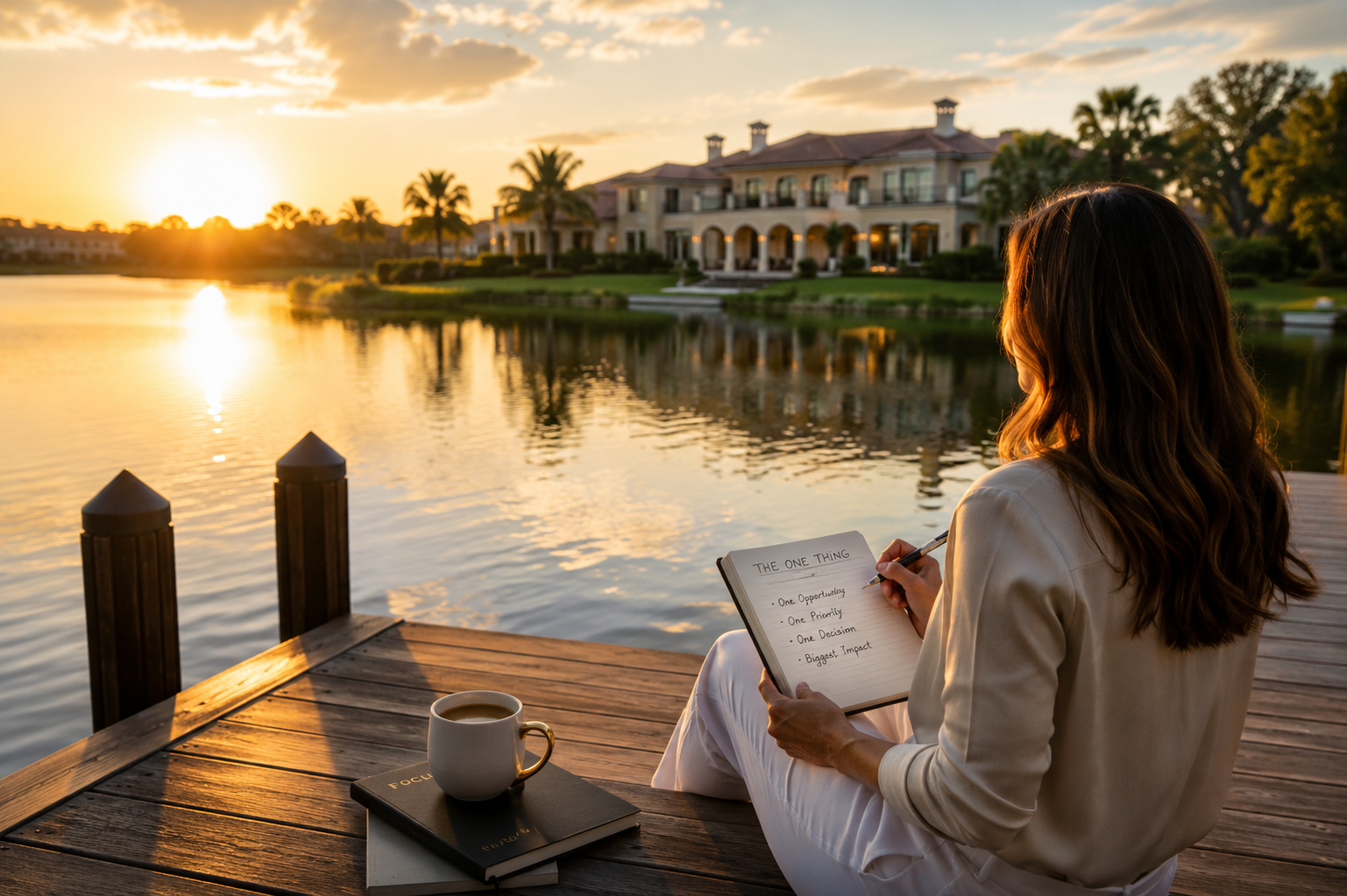 Luxury travel advisor reviewing business goals beside a private lakeside estate