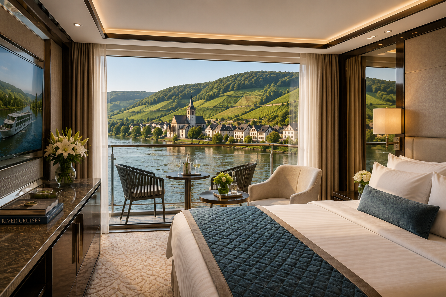 Luxury river cruise suite with panoramic balcony overlooking Europe.