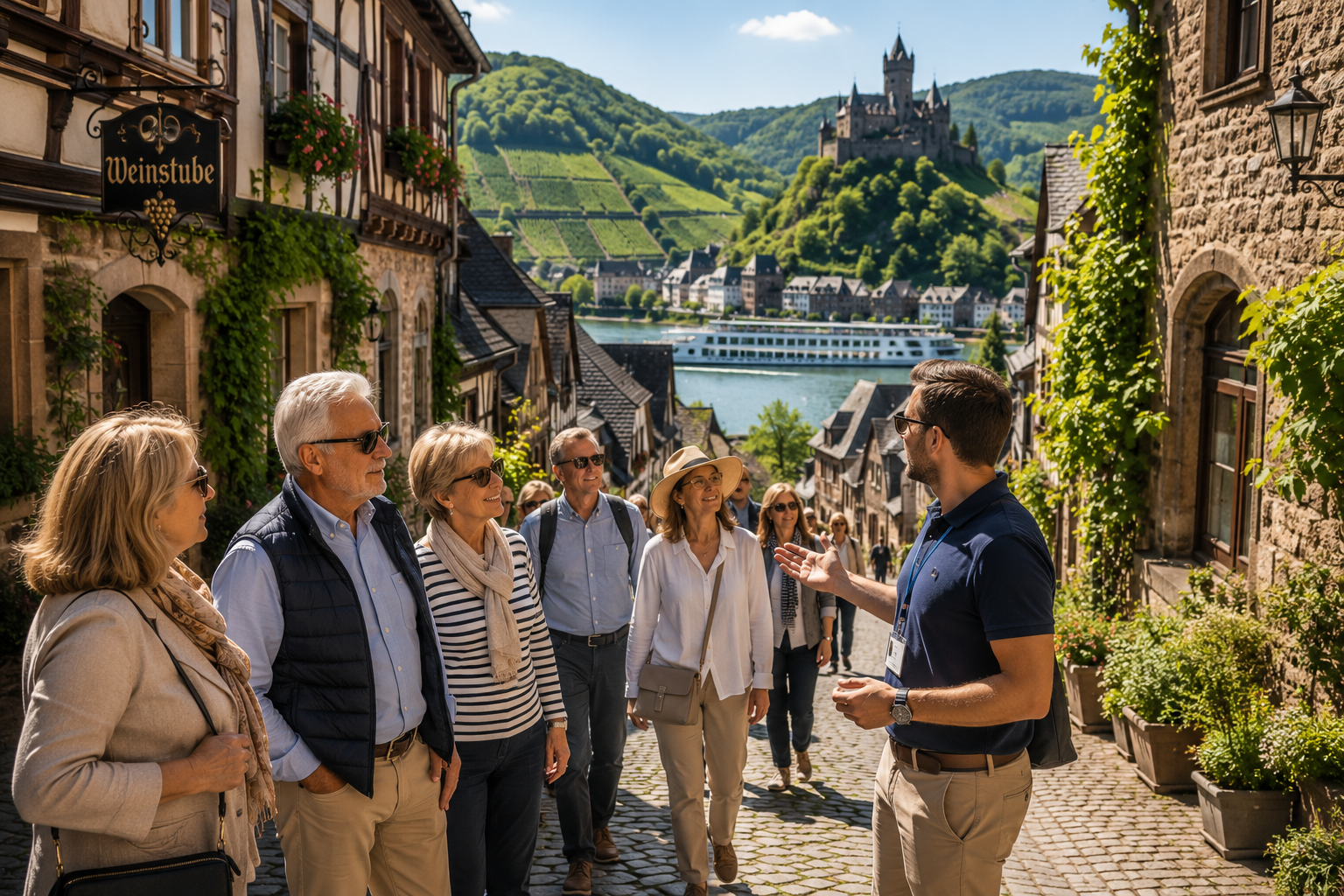 Luxury travelers exploring a European village during a river cruise excursion.