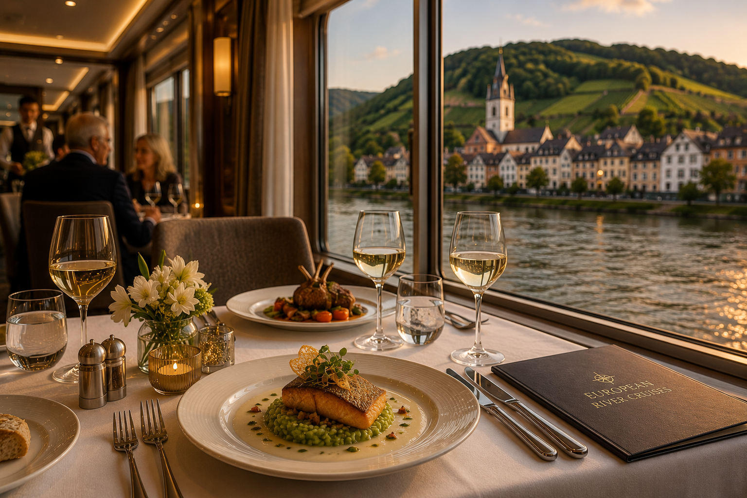 Fine dining experience aboard a luxury European river cruise.