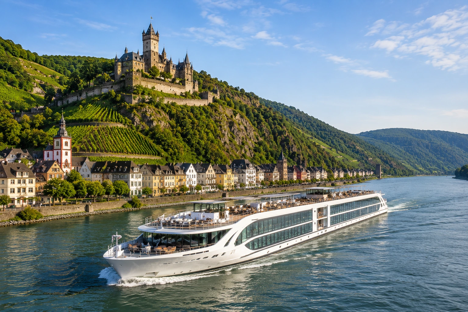Luxury river cruise ship sailing through the Rhine Gorge with medieval castles, vineyards, and picturesque riverside villages in Germany.