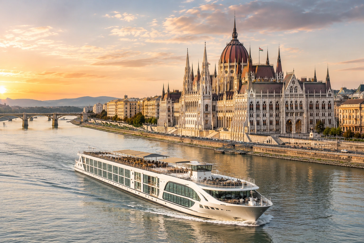 Luxury river cruise ship sailing on the Danube River past the Hungarian Parliament Building in Budapest during sunset.