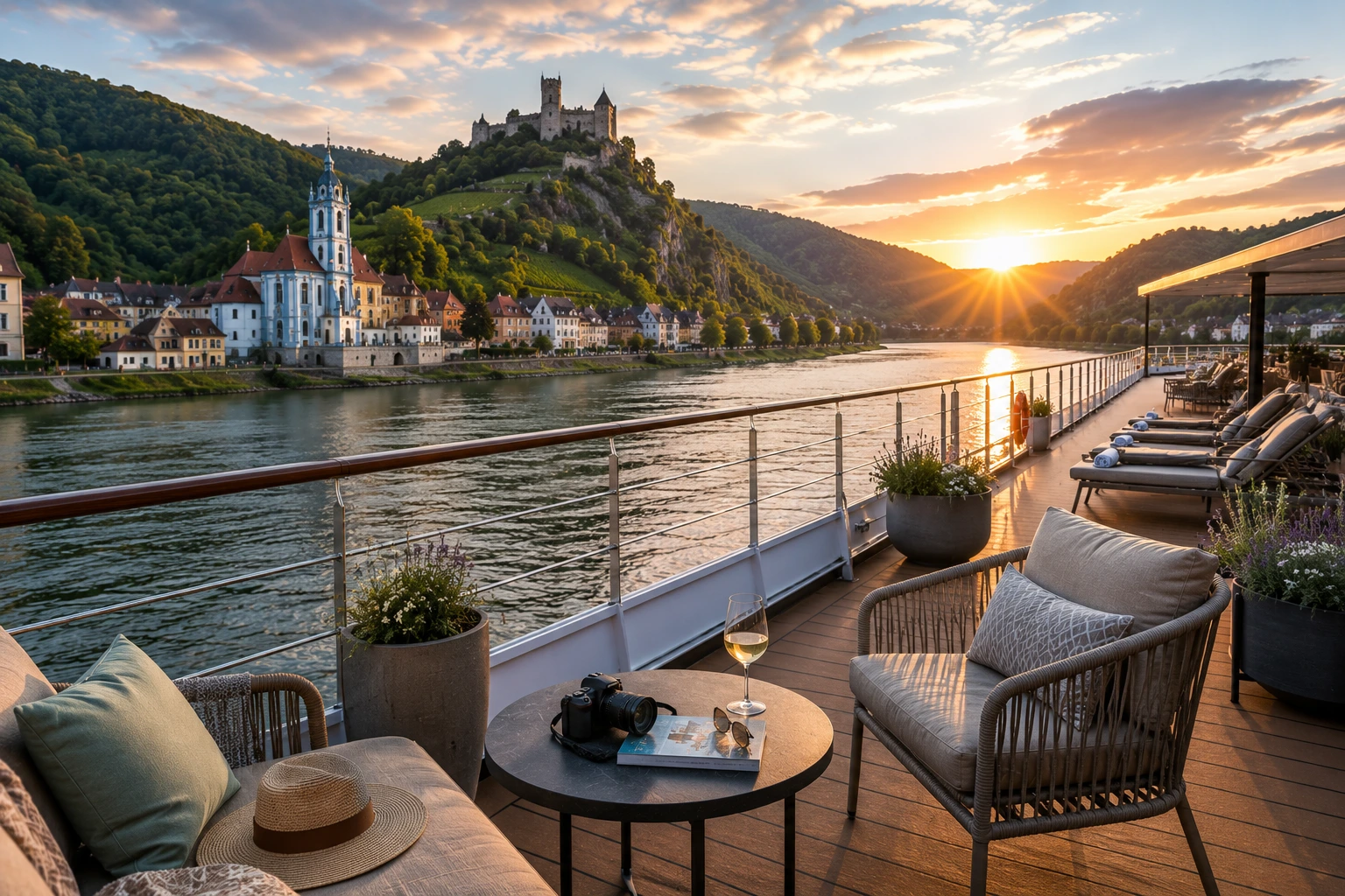 Luxury river cruise sun deck with scenic European river views at sunset.
