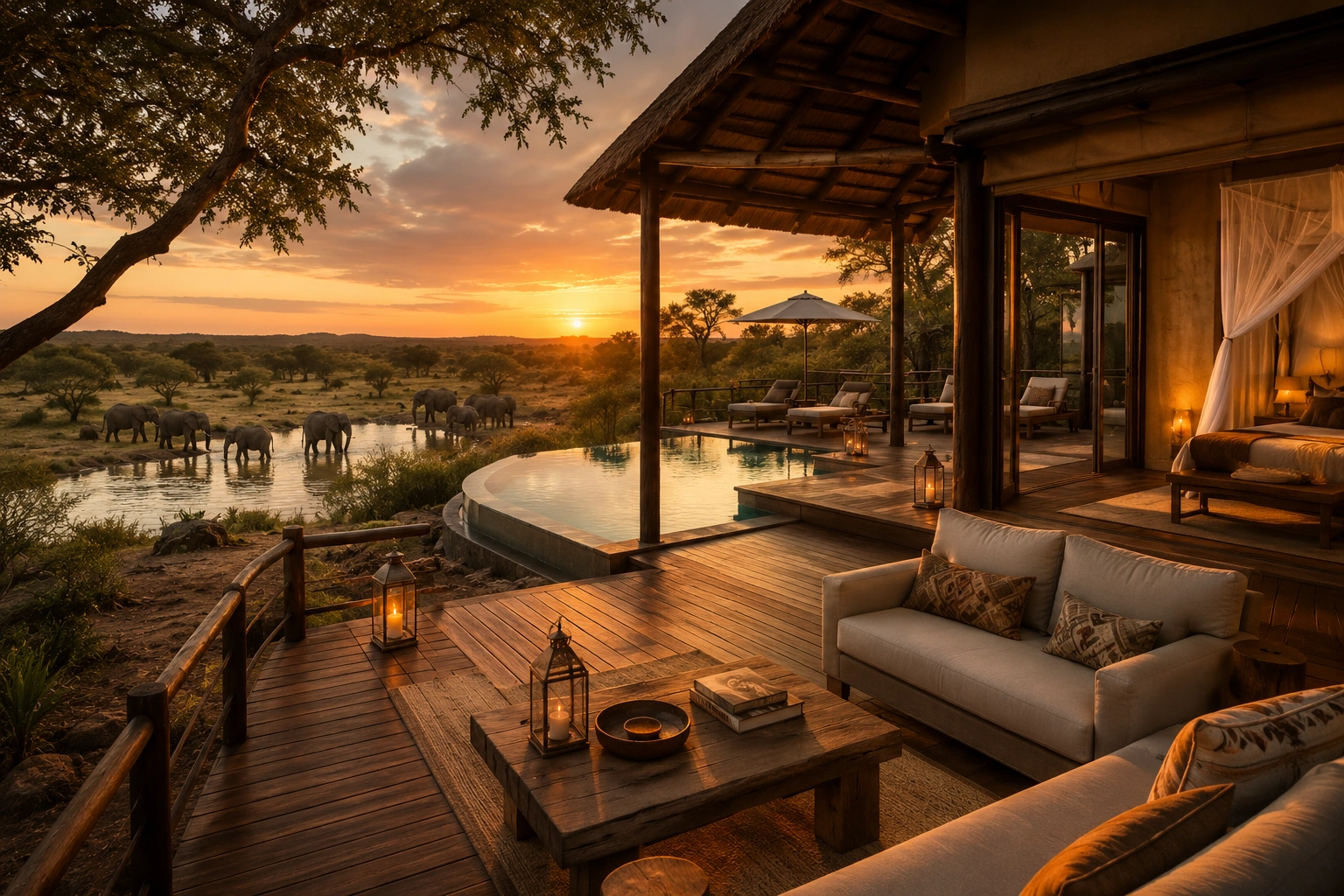 Luxury African safari lodge overlooking the savanna with an infinity pool and elephants gathering at a nearby waterhole during sunset.