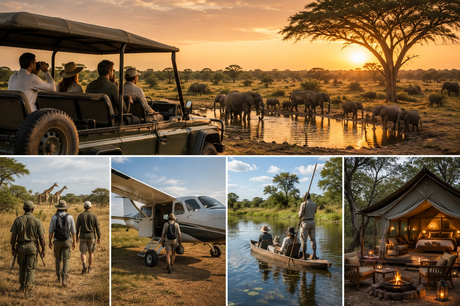 Collage showcasing different luxury African safari experiences including game drives, walking safaris, fly-in safaris, mokoro canoe excursions, and luxury tented camps.