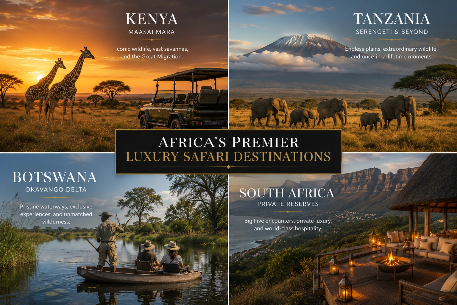 Collage featuring four premier luxury African safari destinations: Kenya's Maasai Mara, Tanzania's Serengeti, Botswana's Okavango Delta, and South Africa's private game reserves.