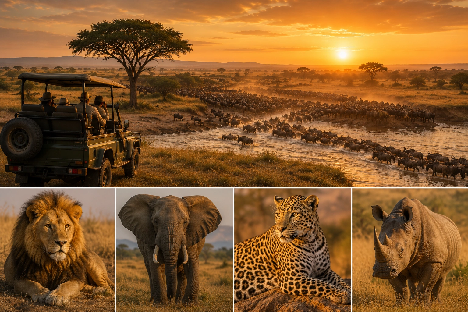 The Great Migration crossing in East Africa with Big Five wildlife, including a lion, elephant, leopard, and rhinoceros, viewed during a luxury African safari.