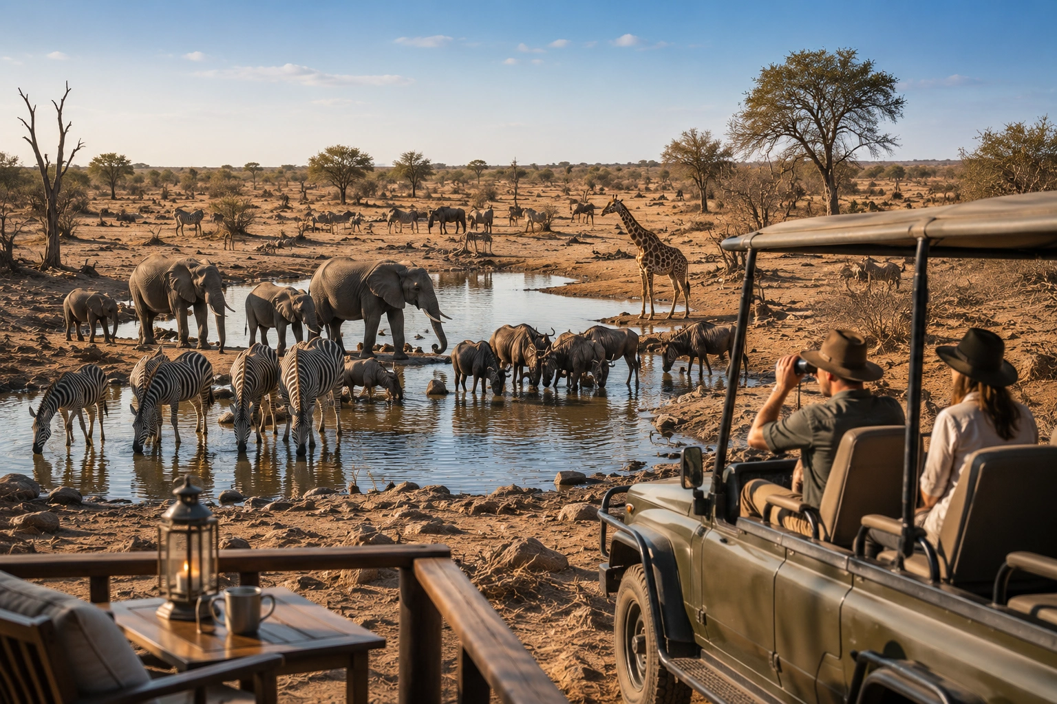 Wildlife gathering around a waterhole during Africa's dry season as guests observe from a luxury safari vehicle, illustrating one of the best times for wildlife viewing.