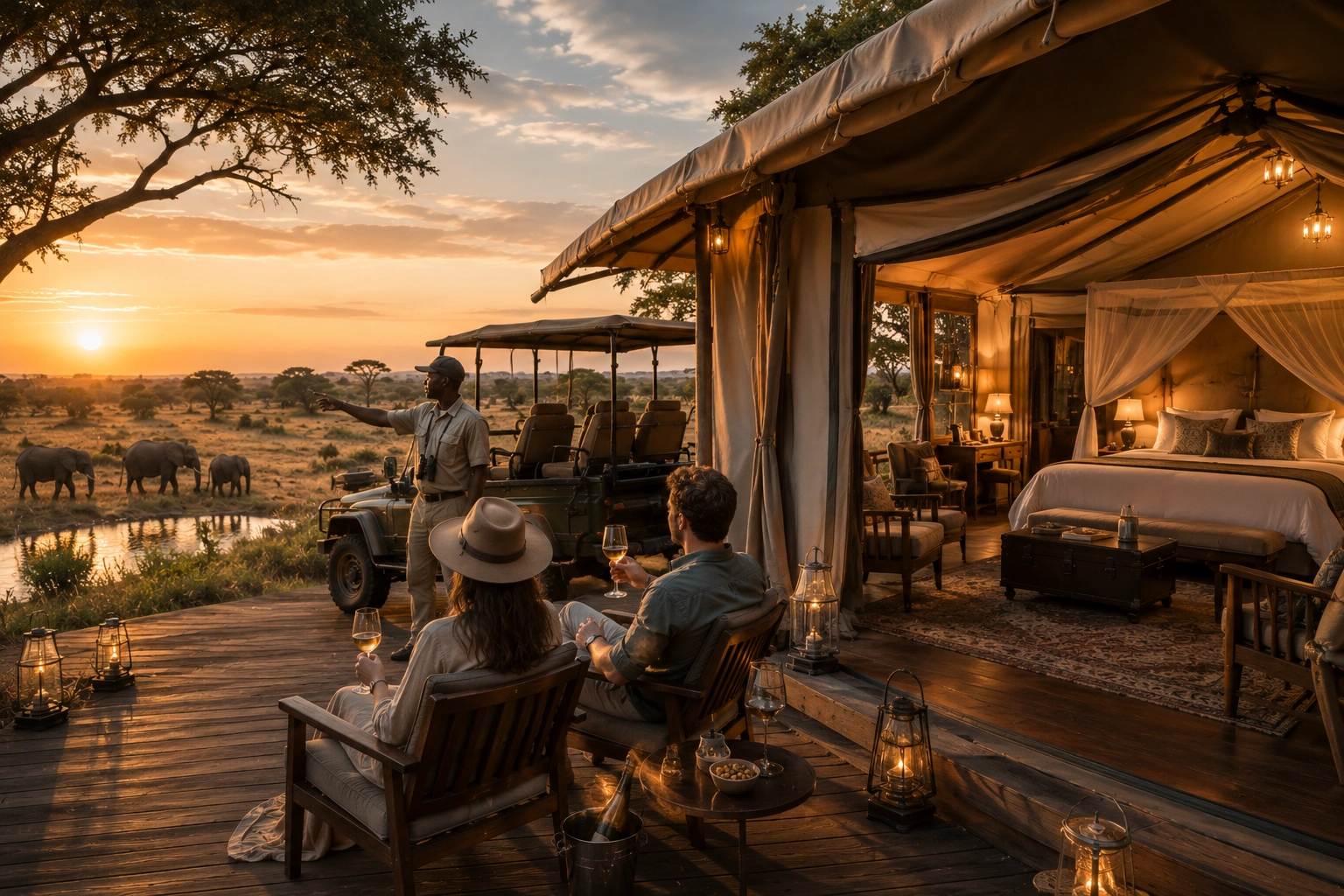 Luxury tented safari camp overlooking the African savanna as a couple enjoys sunset views while a safari guide points out elephants near a waterhole.