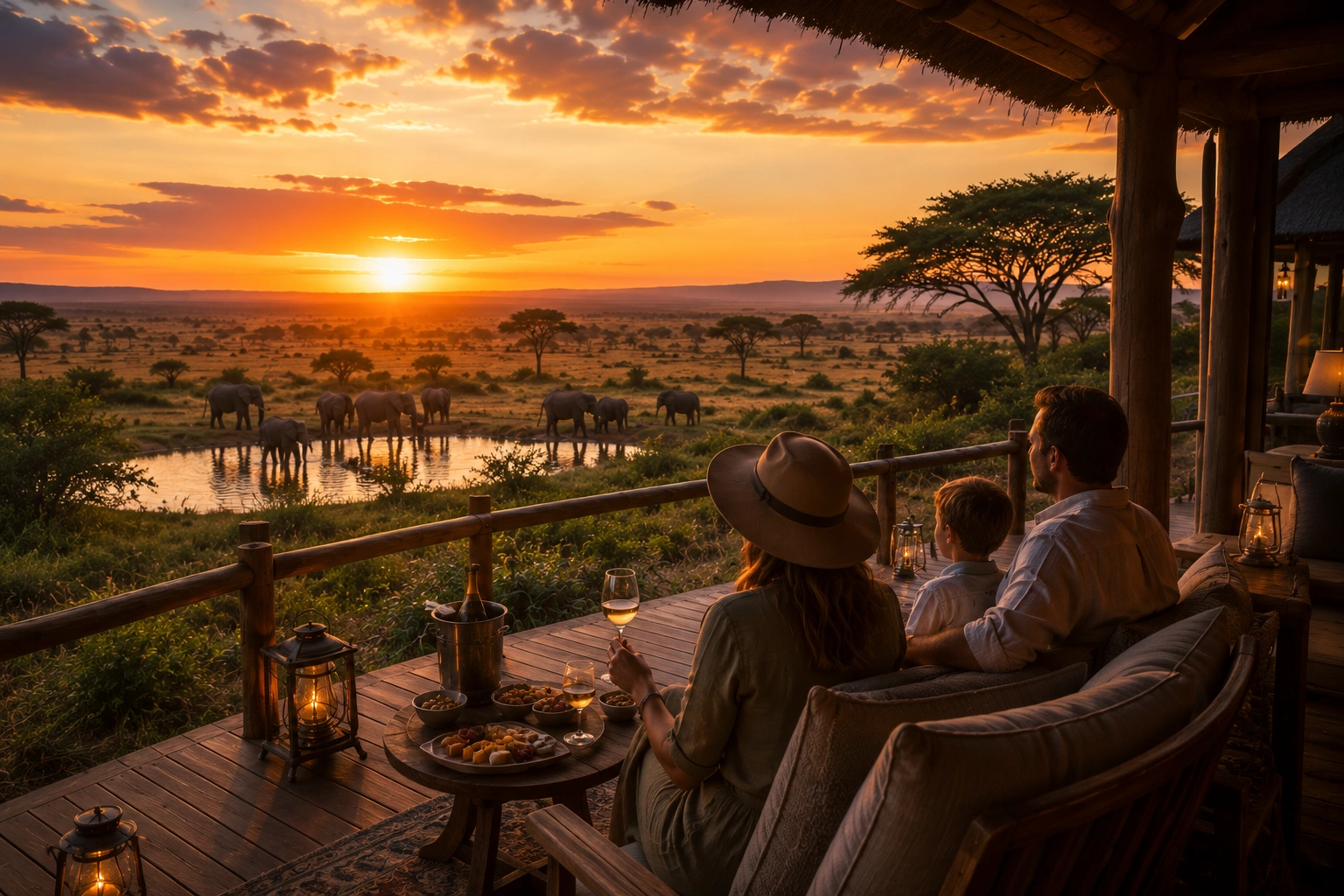 Family enjoying a luxury safari lodge at sunset while overlooking elephants gathered at a waterhole on the African savanna.