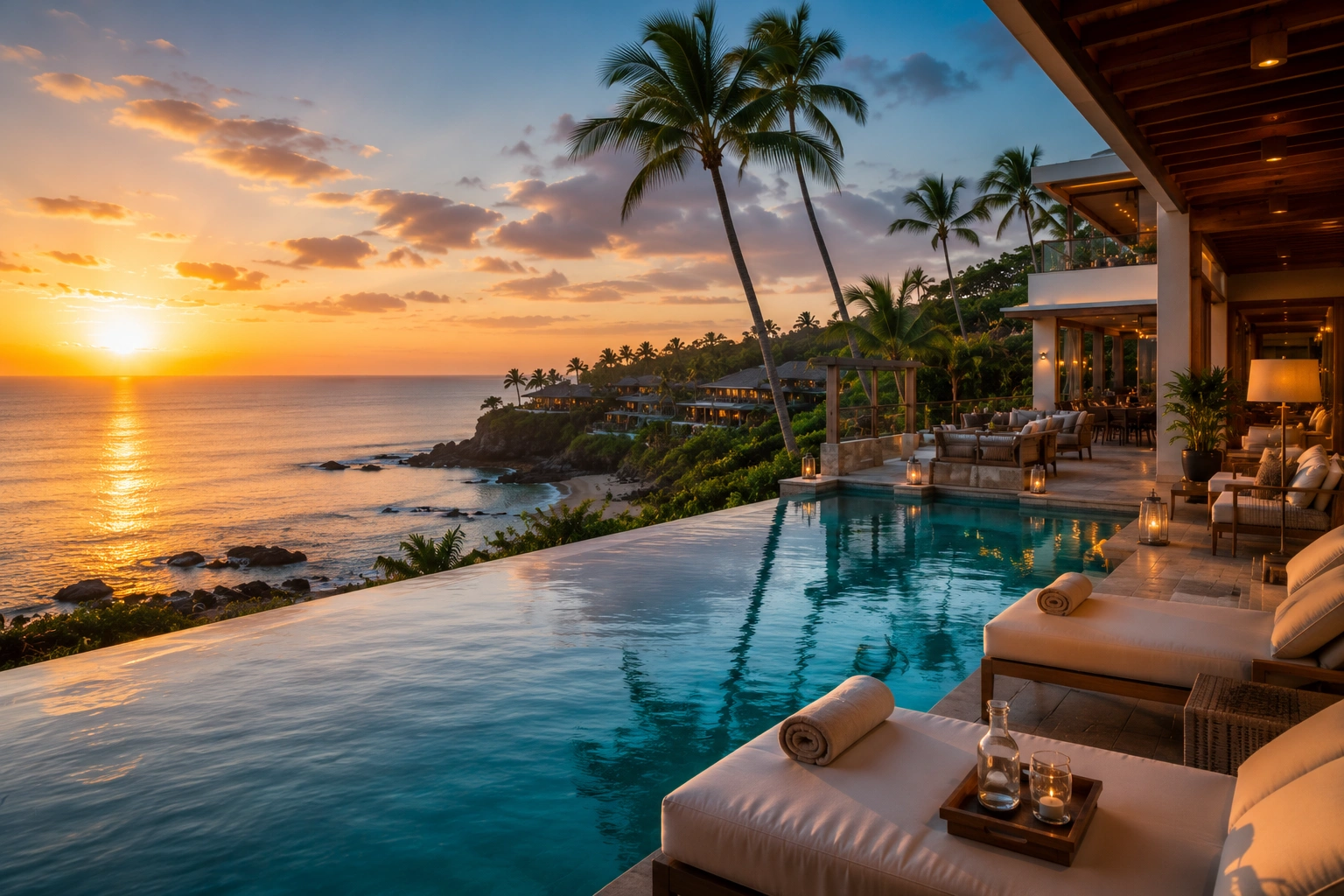 Luxury beachfront resort with an infinity pool overlooking the ocean at sunset, showcasing elegant accommodations and premium coastal hospitality.