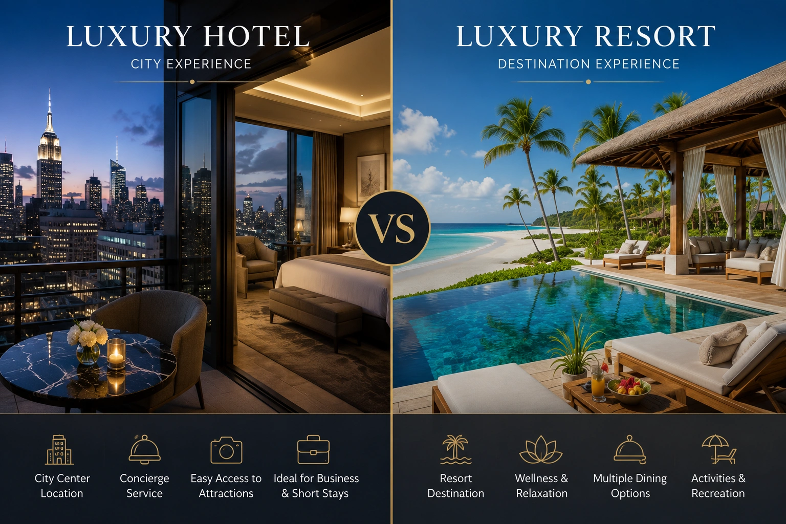 Comparison of a luxury city hotel and a luxury beachfront resort, highlighting the differences between urban luxury accommodations and destination resort experiences.