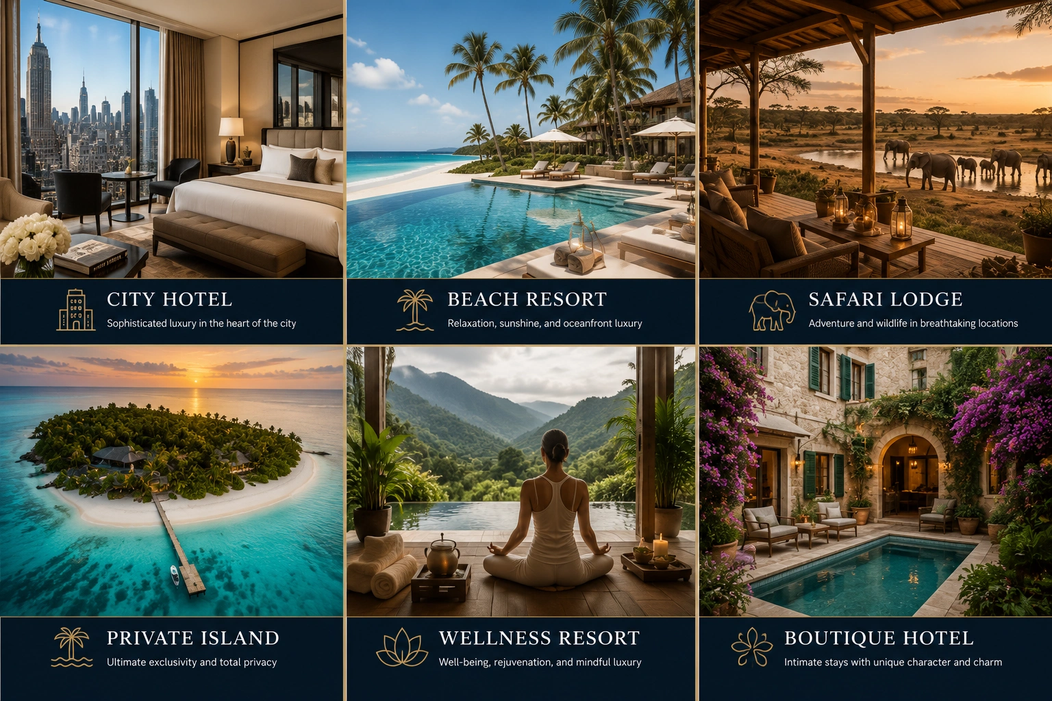 Collage featuring six types of luxury accommodations including a luxury city hotel, beachfront resort, safari lodge, private island resort, wellness resort, and boutique luxury hotel.