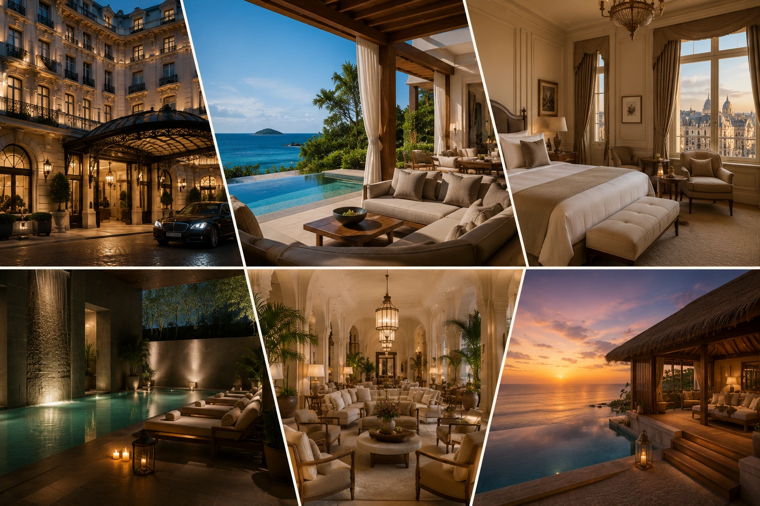 Collage representing leading luxury hospitality styles, including a heritage hotel, beachfront villa, wellness retreat, minimalist luxury resort, and elegant boutique accommodations.