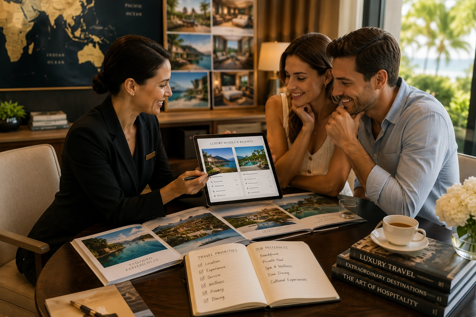 Couple reviewing luxury hotel and resort options with a luxury travel advisor during a personalized vacation planning consultation.