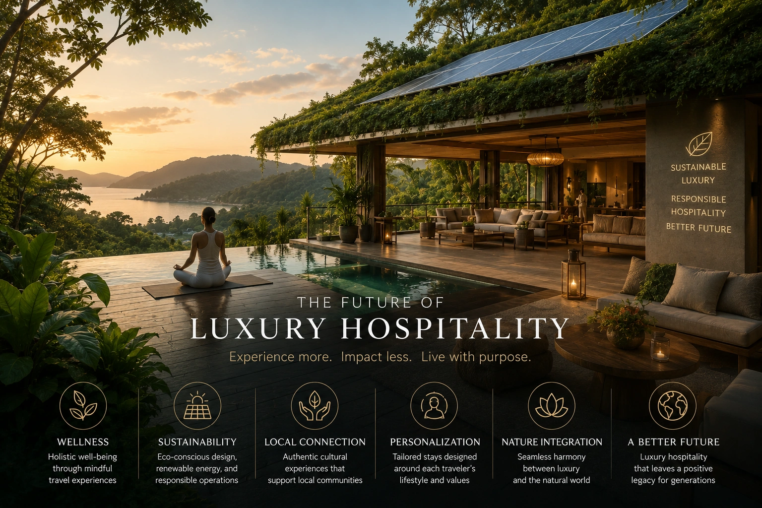 Modern luxury eco-resort integrating wellness, sustainable architecture, renewable energy, and nature-inspired design with panoramic ocean views.