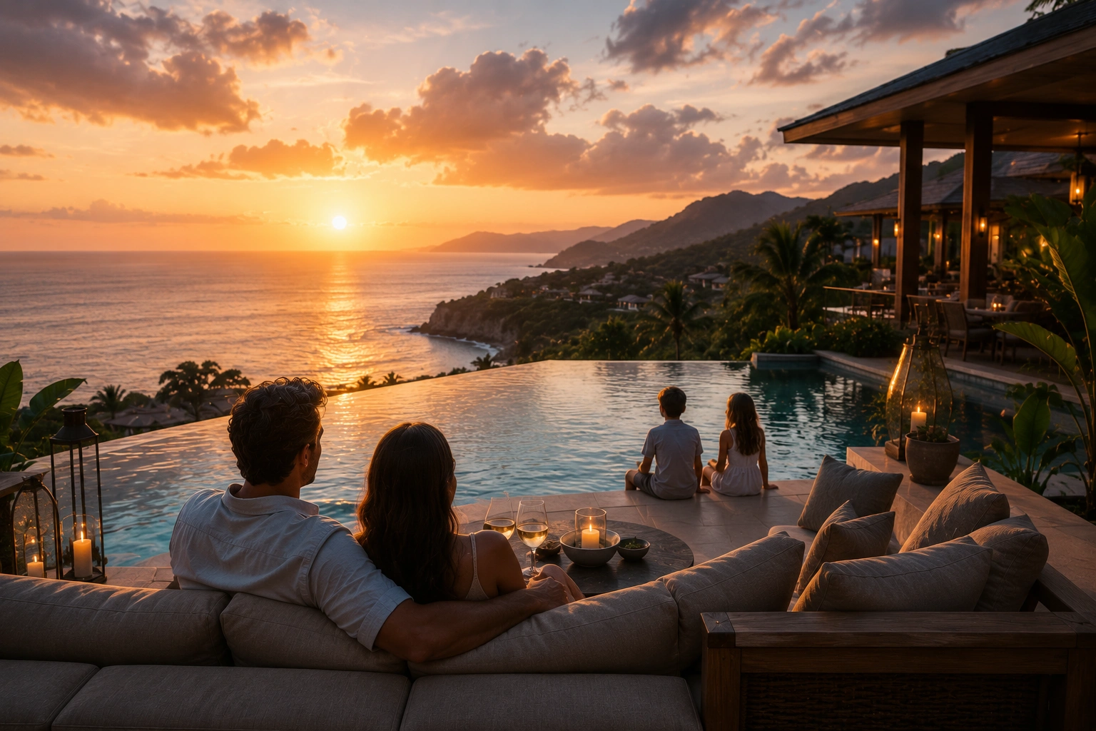Family relaxing at a luxury resort terrace beside an infinity pool while enjoying a sunset overlooking the ocean and surrounding mountains.